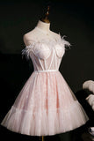 solvbao Pink Strapless Lace Short Prom Dress, A-Line Party Dress with Feather