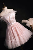 solvbao Pink Strapless Lace Short Prom Dress, A-Line Party Dress with Feather