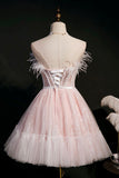 solvbao Pink Strapless Lace Short Prom Dress, A-Line Party Dress with Feather