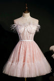 solvbao Pink Strapless Lace Short Prom Dress, A-Line Party Dress with Feather