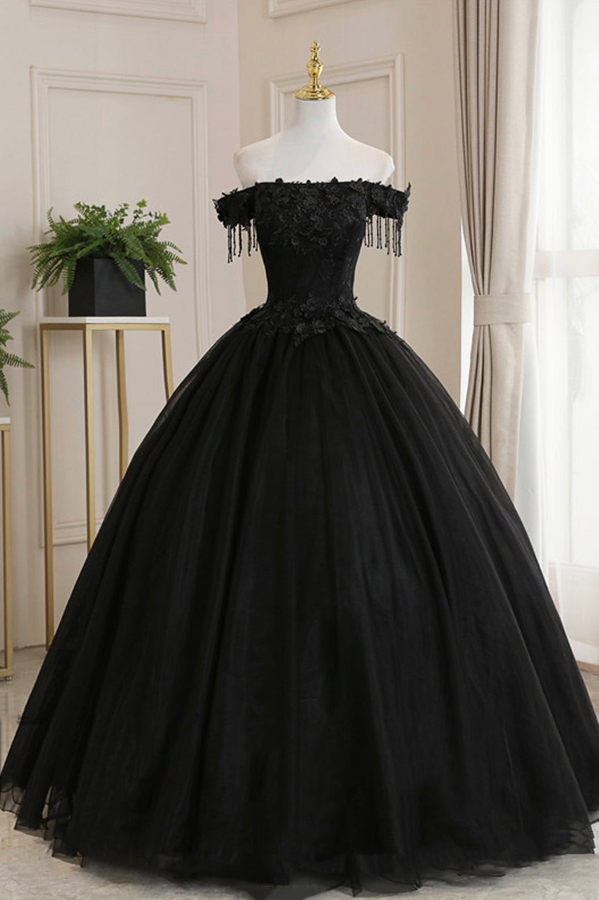 solvbao Black Tulle Lace Off the Shoulder Prom Dress, Black A-Line Evening Dress