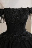 solvbao Black Tulle Lace Off the Shoulder Prom Dress, Black A-Line Evening Dress