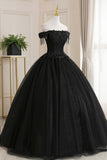 solvbao Black Tulle Lace Off the Shoulder Prom Dress, Black A-Line Evening Dress