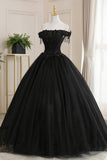 solvbao Black Tulle Lace Off the Shoulder Prom Dress, Black A-Line Evening Dress