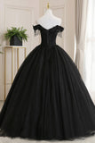 solvbao Black Tulle Lace Off the Shoulder Prom Dress, Black A-Line Evening Dress