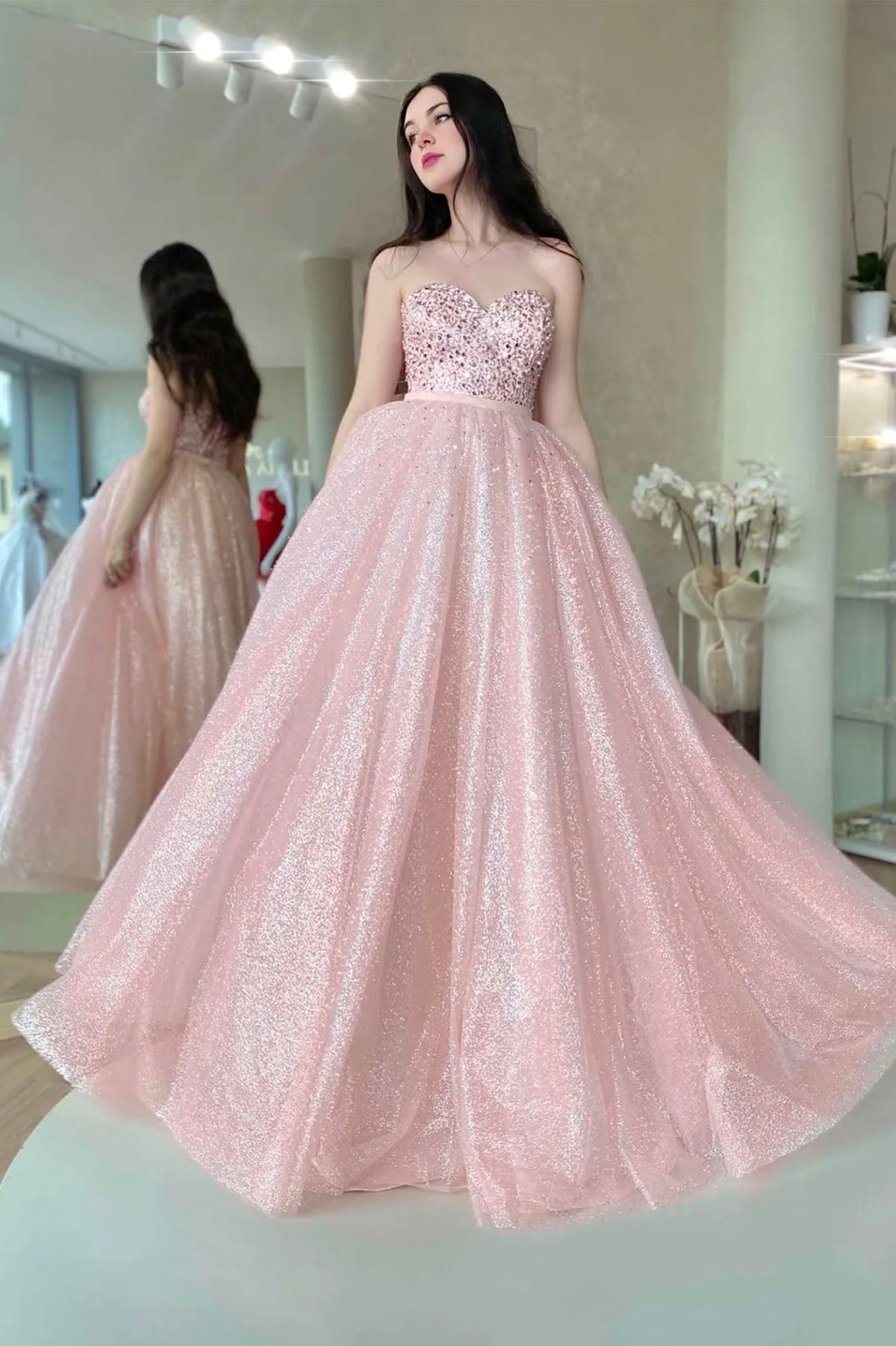 solvbao Pink A-Line Sweetheart Sequins Long Prom Dress, Lovely Evening Party Dress