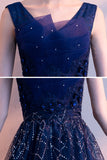 solvbao Blue Tulle Lace Long Prom Dresses, A-Line Evening Dresses