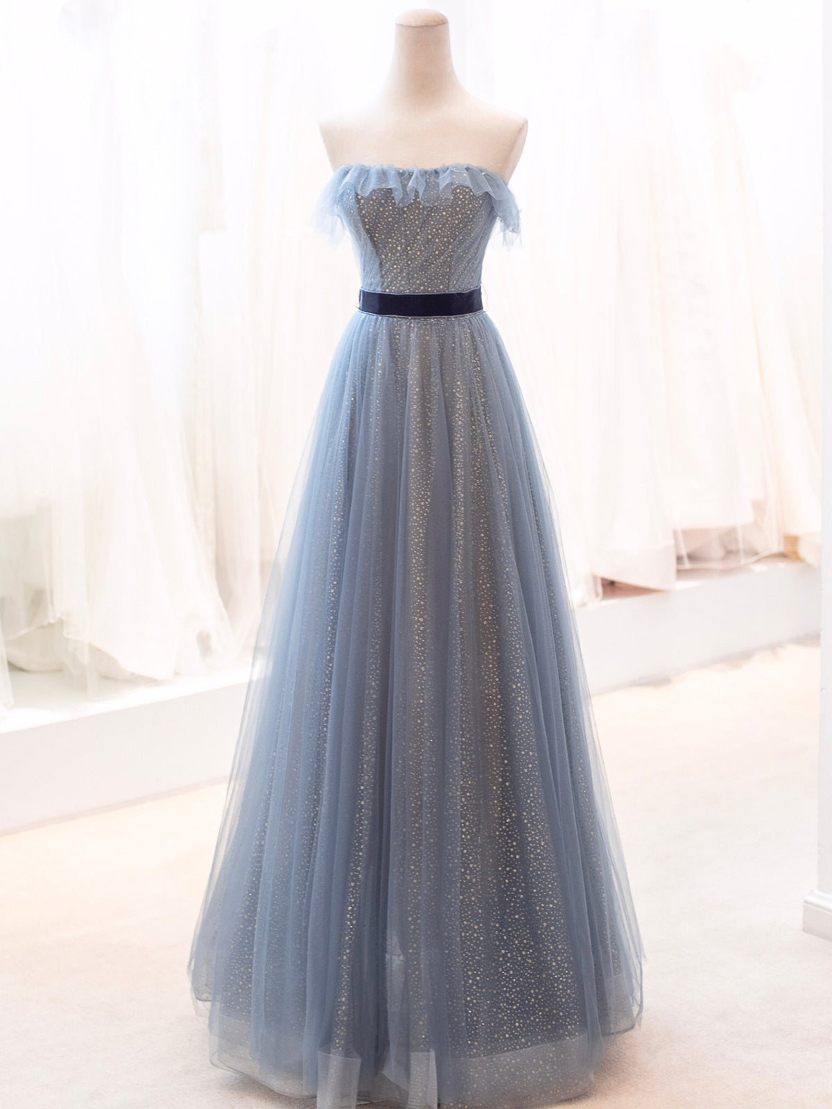 solvbao Blue Tulle Long Prom Dress, A-Line Strapless Evening Party Dress