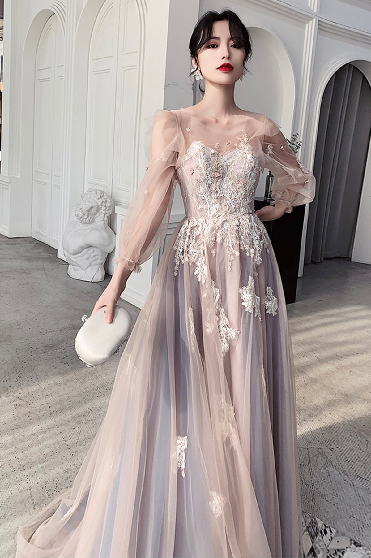 solvbao Cute Tulle Lace Long Prom Dresses, A-Line Evening Dresses