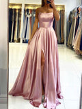 solvbao Pink Satin Long Prom Dress, Simple A-Line Backless Evening Dress