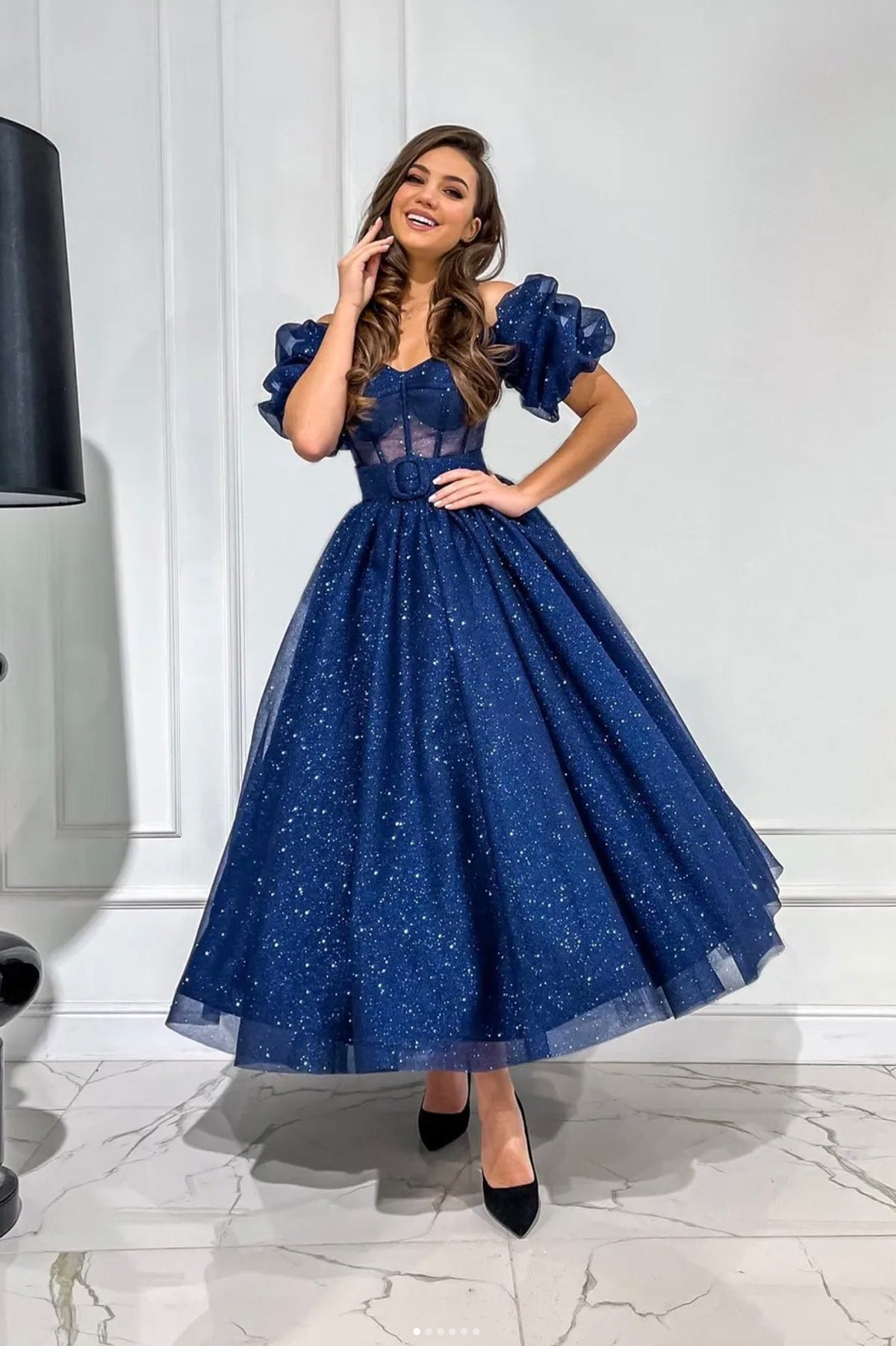 solvbao Blue Puff Sleeve Tulle Tea Length Prom Dress, Blue A-Line Party Dress