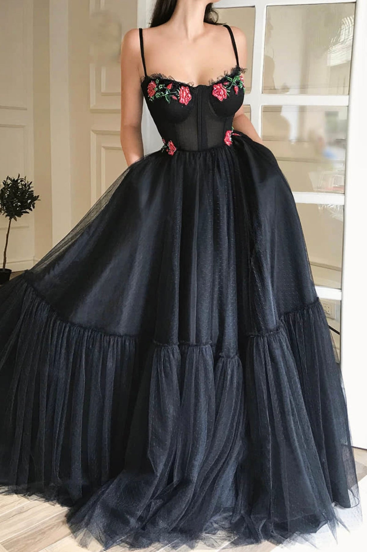 solvbao Black Tulle Long A-Line Prom Dress, Black Spaghetti Strap Long Evening Dress