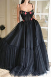 solvbao Black Tulle Long A-Line Prom Dress, Black Spaghetti Strap Long Evening Dress