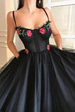 solvbao Black Tulle Long A-Line Prom Dress, Black Spaghetti Strap Long Evening Dress