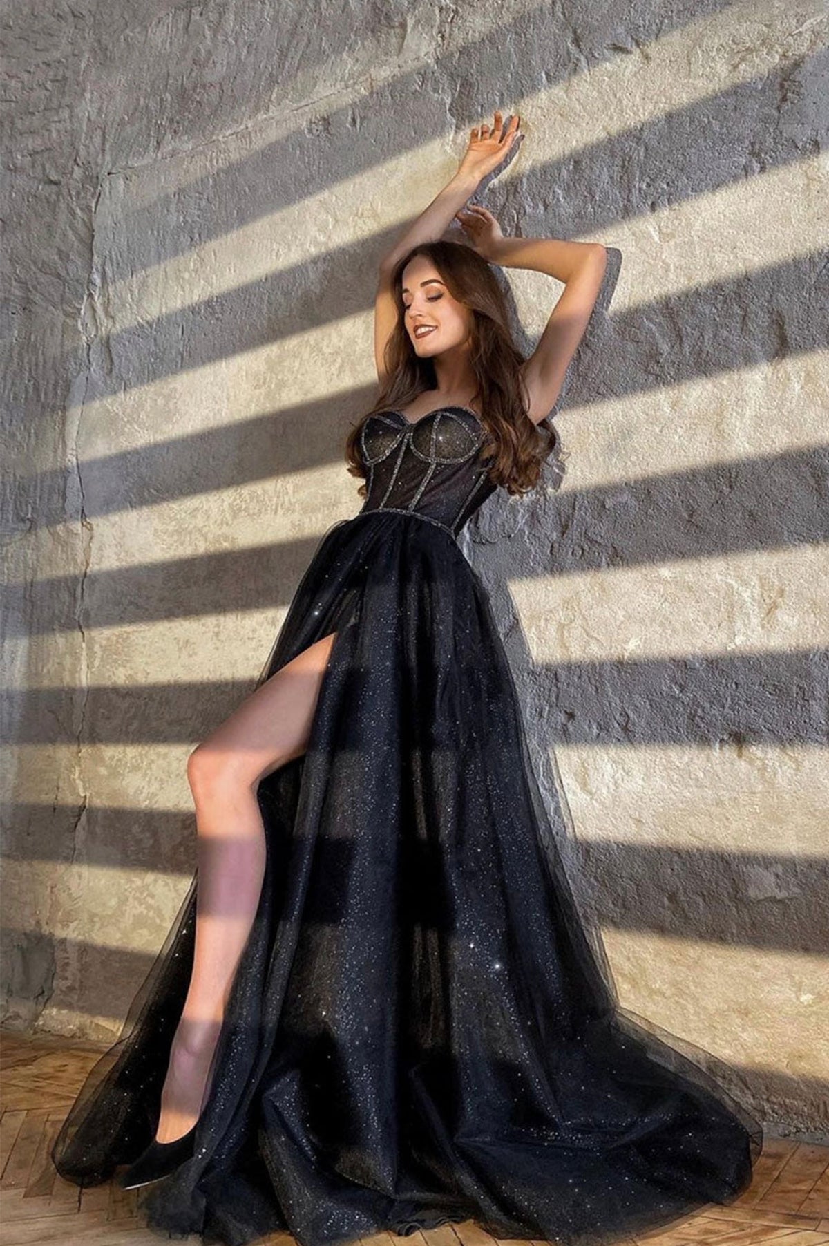 solvbao Black Tulle Long A-Line Prom Dresses, Black Evening Party Dresses