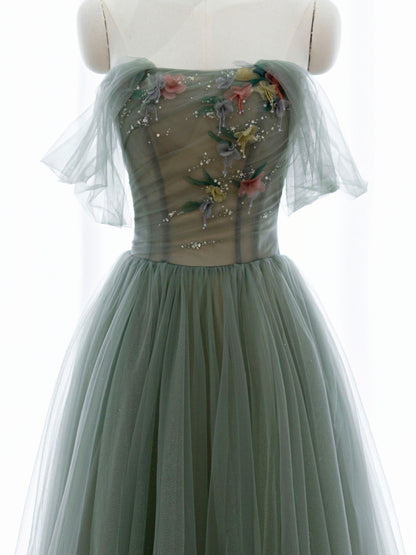 solvbao A-Line Green Tulle Long Prom Dress, Off the Shoulder Evening Party Dress