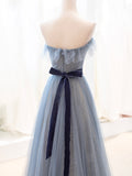 solvbao Blue Tulle Long Prom Dress, A-Line Strapless Evening Party Dress