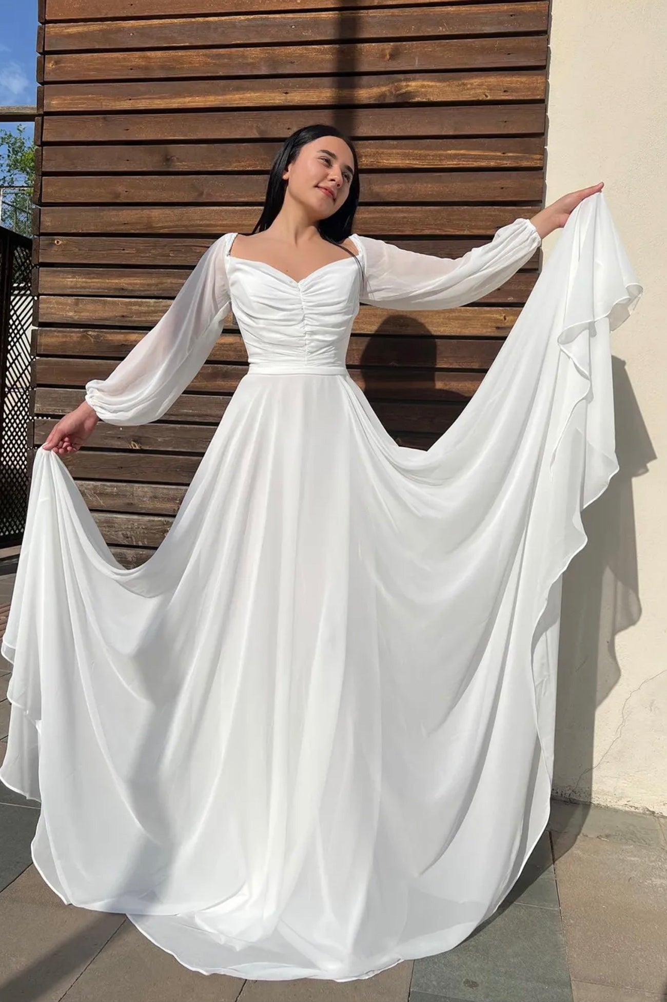 solvbao White Chiffon Long Sleeve Prom Dress, White A-Line Evening Dress