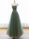 solvbao A-Line Green Tulle Long Prom Dress, Off the Shoulder Evening Party Dress