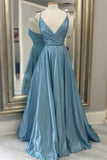 solvbao Blue V-Neck Long Prom Dresses, A-Line Blue Evening Dresses