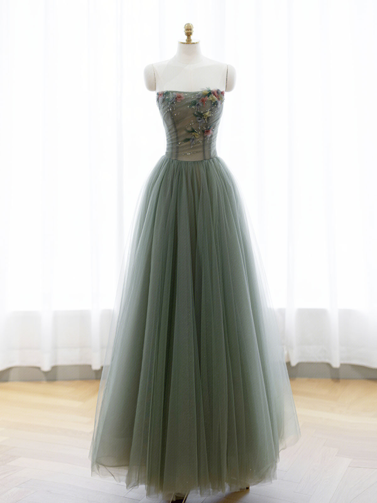 solvbao A-Line Green Tulle Long Prom Dress, Off the Shoulder Evening Party Dress