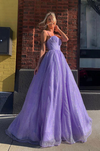 solvbao Purple Tulle Long Prom Dresses, A-Line Spaghetti Strap Evening Dresses