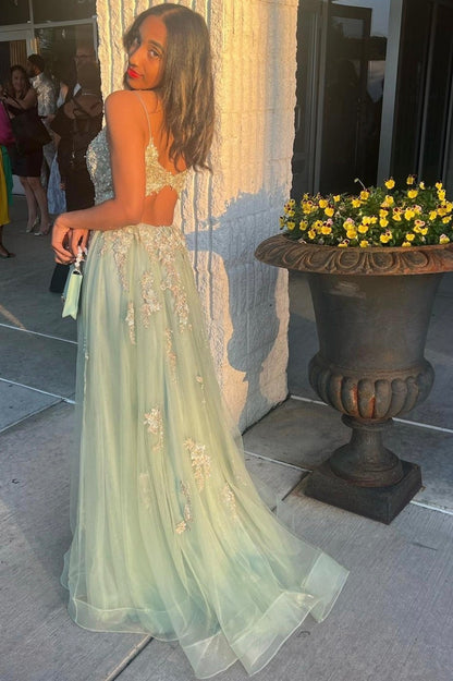 solvbao Green V-neck Lace Long Prom Dress, A-Line Evening Dress with Slit