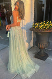 solvbao Green V-neck Lace Long Prom Dress, A-Line Evening Dress with Slit