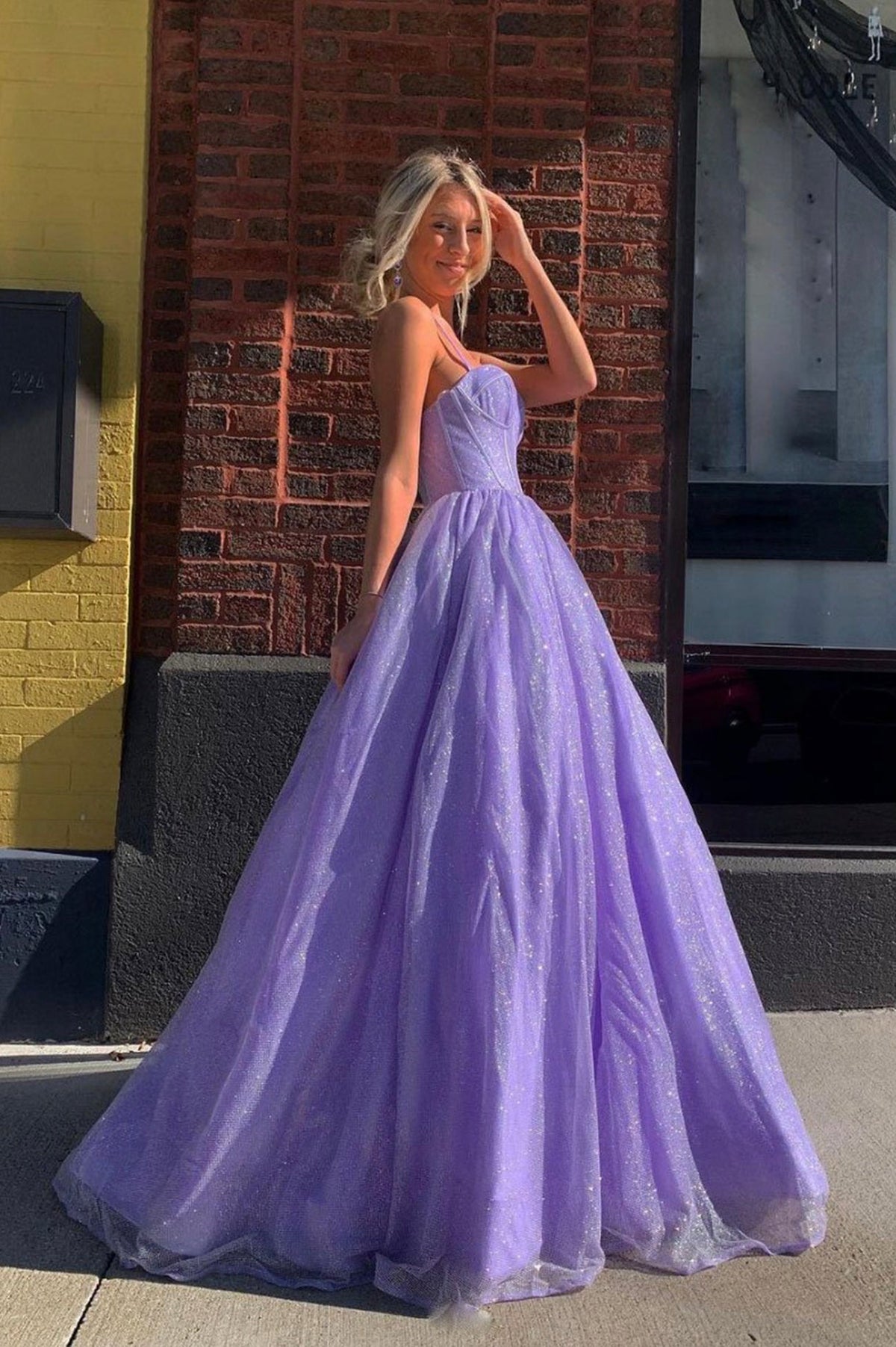 solvbao Purple Tulle Long Prom Dresses, A-Line Spaghetti Strap Evening Dresses