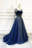 solvbao Blue Long Tulle Beaded Prom Dress, Blue Evening Party Dress