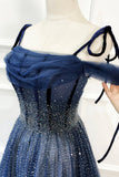 solvbao Blue Long Tulle Beaded Prom Dress, Blue Evening Party Dress