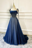 solvbao Blue Long Tulle Beaded Prom Dress, Blue Evening Party Dress