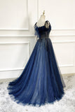 solvbao Blue Long Tulle Beaded Prom Dress, Blue Evening Party Dress