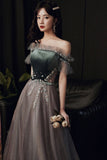 solvbao A-Line Tulle Off the Shoulder Prom Dresses, Gray Evening Dresses