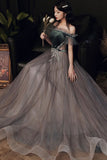 solvbao A-Line Tulle Off the Shoulder Prom Dresses, Gray Evening Dresses