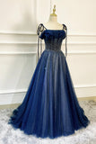 solvbao Blue Long Tulle Beaded Prom Dress, Blue Evening Party Dress