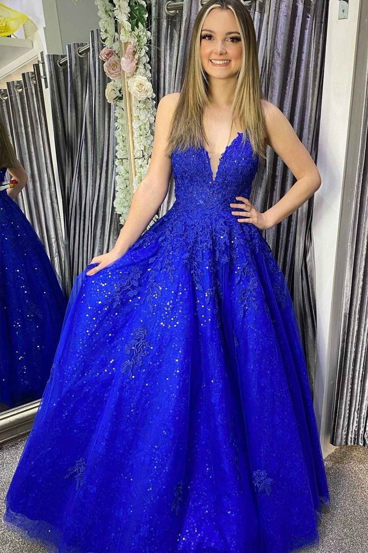 solvbao Blue V-Neck Tulle Lace Long Prom Dresses, A-Line Evening Dresses