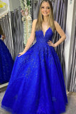 solvbao Blue V-Neck Tulle Lace Long Prom Dresses, A-Line Evening Dresses