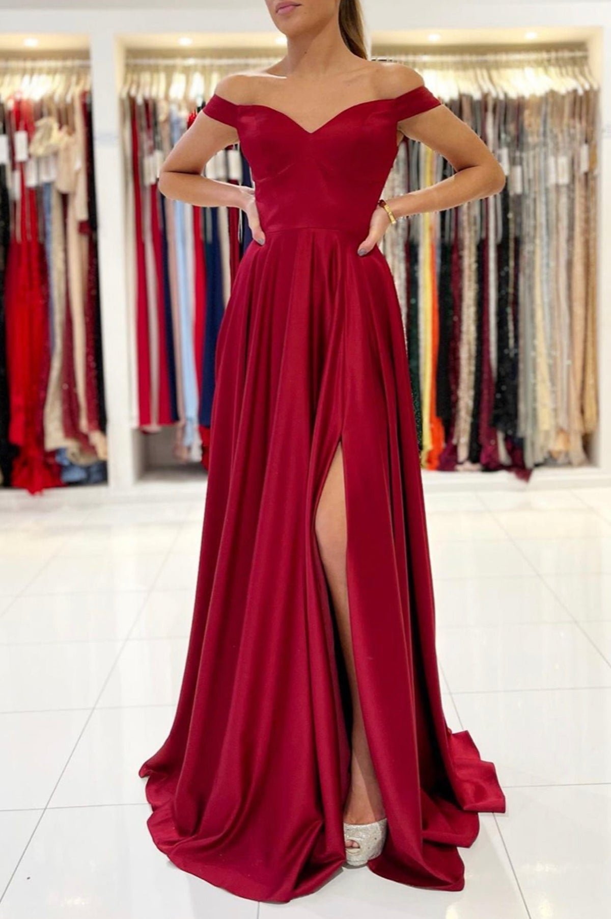 solvbao Burgundy Satin Long Prom Dresses, A-Line Off the Shoulder Evening Dresses