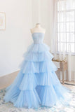 solvbao Blue Layers Tulle Long Prom Dresses, A-Line Strapless Evening Dresses