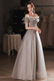 solvbao Gray Tulle Sequins Long Prom Dresses, A-Line Off the Shoulder Evening Dresses