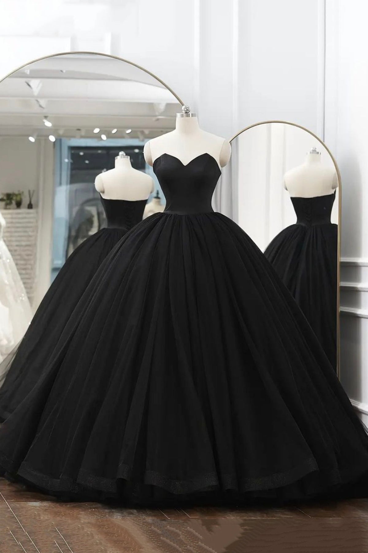 solvbao Black Tulle Long A-Line Prom Dresses, Black Strapless Long Evening Dresses