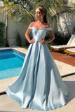 solvbao Blue Satin Long Prom Dresses, Off the Shoulder Evening Dresses