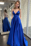 solvbao Blue Satin Long Prom Dresses, A-Line Backless Evening Dresses with Pockets