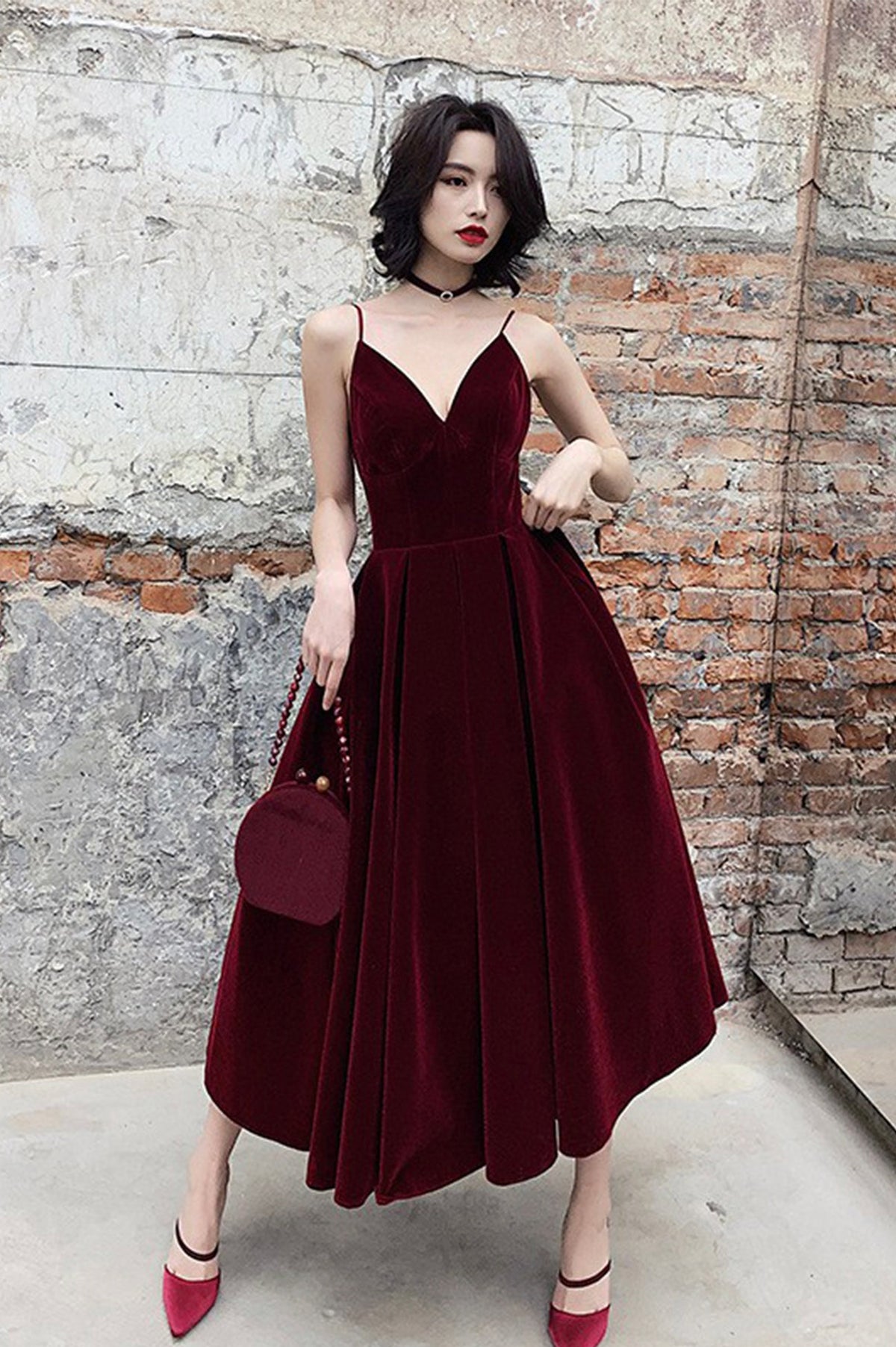 solvbao Burgundy Velvet Short Prom Dresses, A-Line Evening Dresses