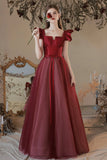 solvbao Burgundy Satin Tulle Long Prom Dress, A-Line Evening Dress