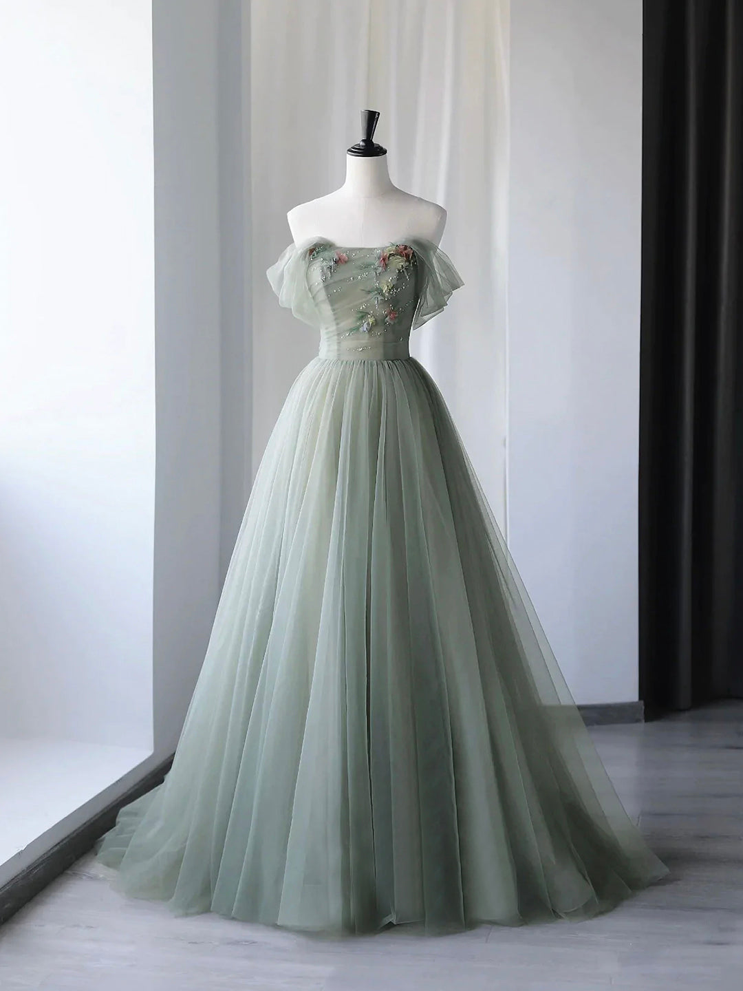 solvbao Beautiful Green Tulle Long Prom Dress, Off Shoulder Evening Dress