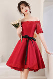 solvbao Red Satin Lace Short Prom Dresses, A-Line Evening Party Dresses