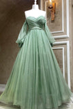 solvbao Green Tulle Long Sleeve Prom Dress, A-Line Off the Shoulder Evening Dress