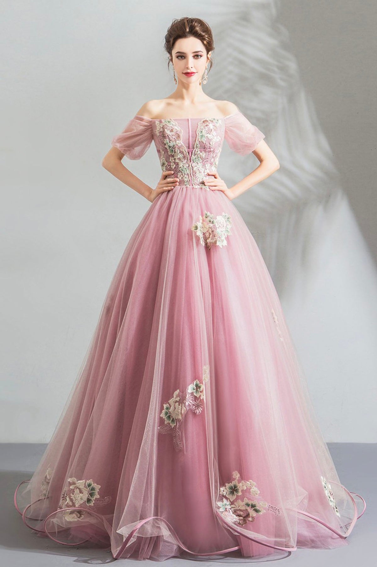 solvbao Pink Tulle Lace Long A-Line Prom Dresses, Pink Evening Dresses